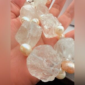 Raw Rough-Cut Quartz & Luminous Pearl necklace Sterling silver clasp